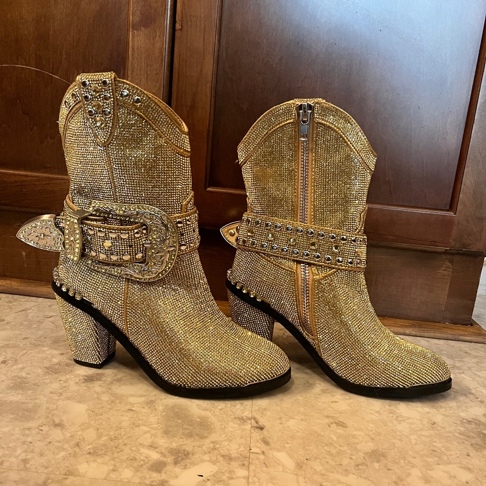 Dollskill gold sequin belted cowboy booties